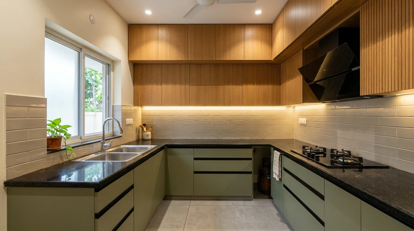 Aravind Interiors bespoke modular kitchen with granite and acrylic finishes
