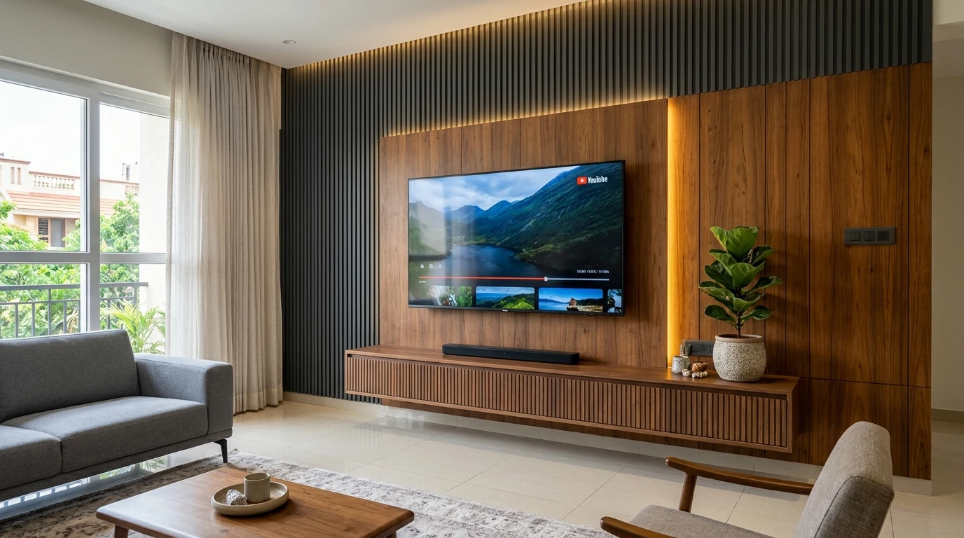 Aravind Interiors modern living room TV feature wall and floating credenza