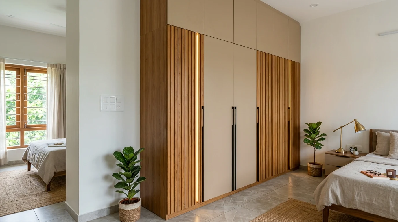 Aravind Interiors contemporary bedroom sliding wardrobe with upper lofts