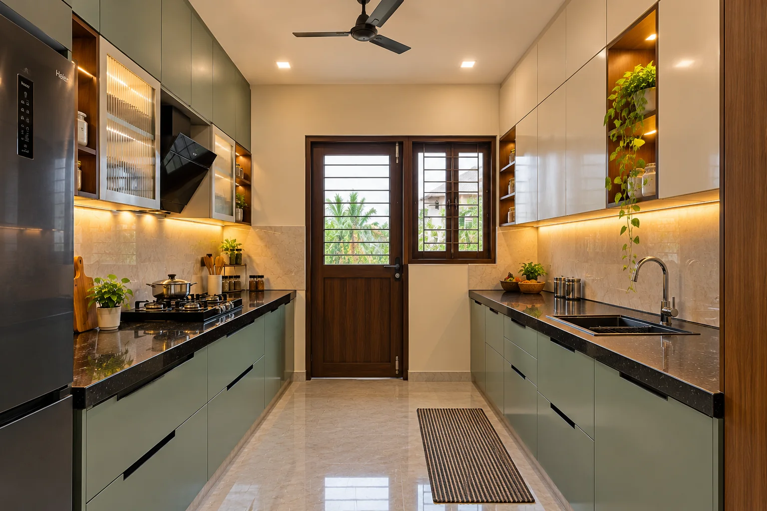 Warm modern galley modular kitchen