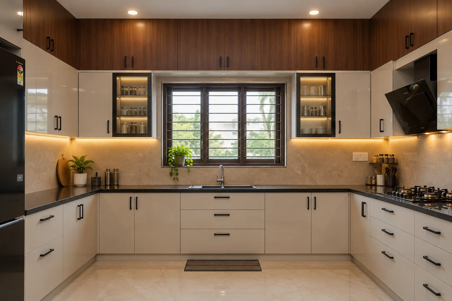 Modern kitchen layout with window sink and quartz countertop