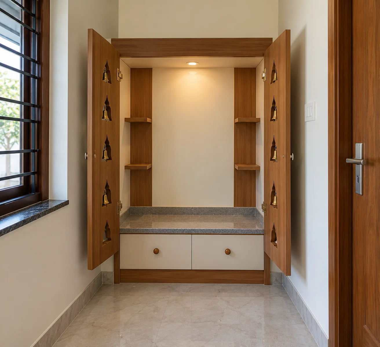 Minimalist teakwood pooja alcove