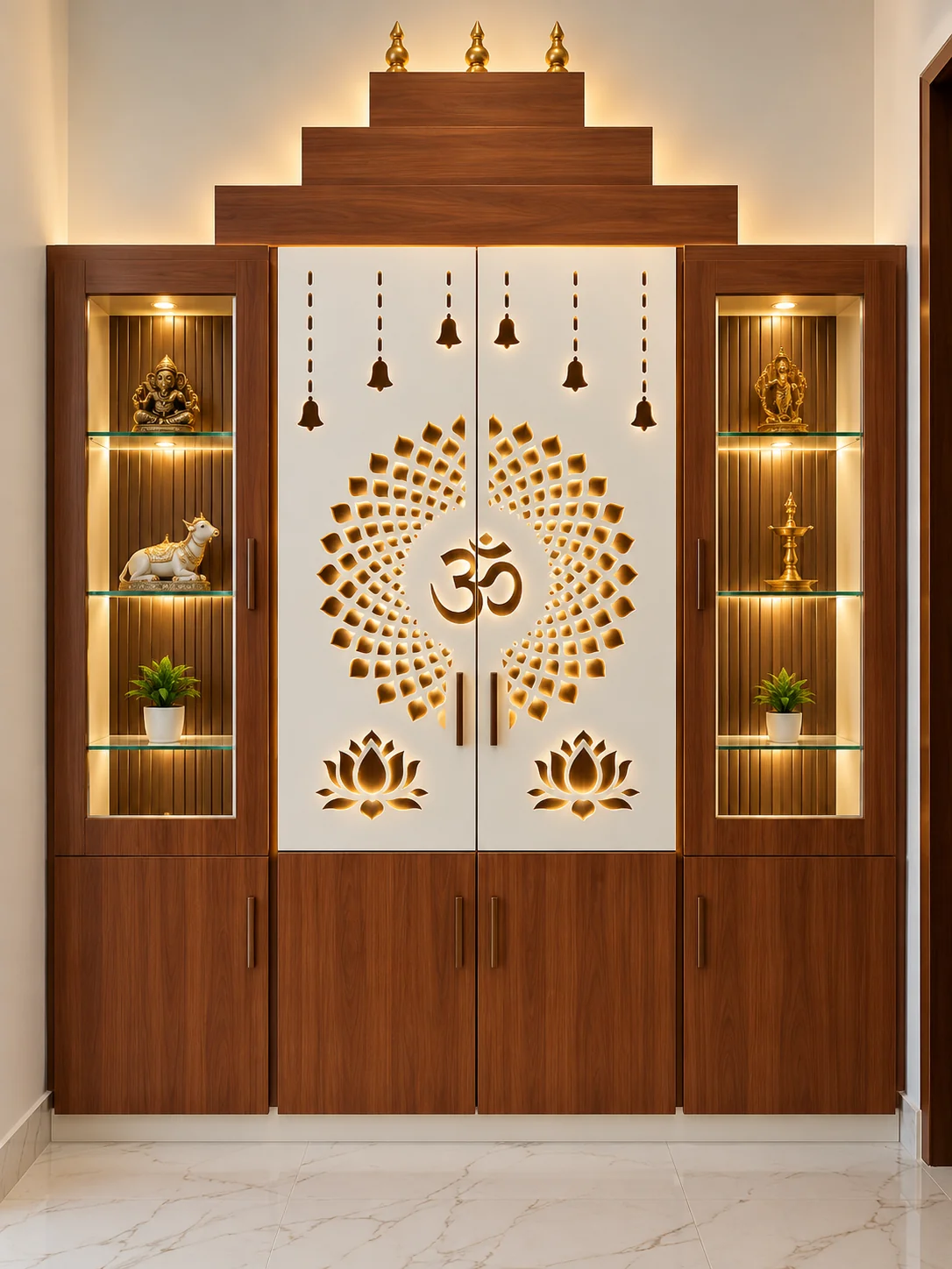 Teakwood pooja mandir with backlit CNC jali work
