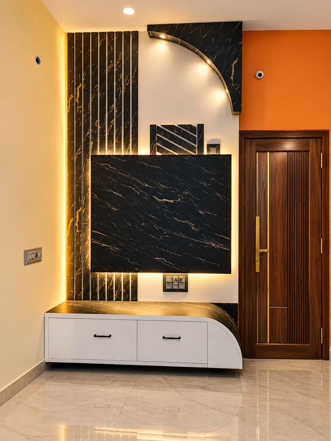 Minimalist living room media console and feature wall