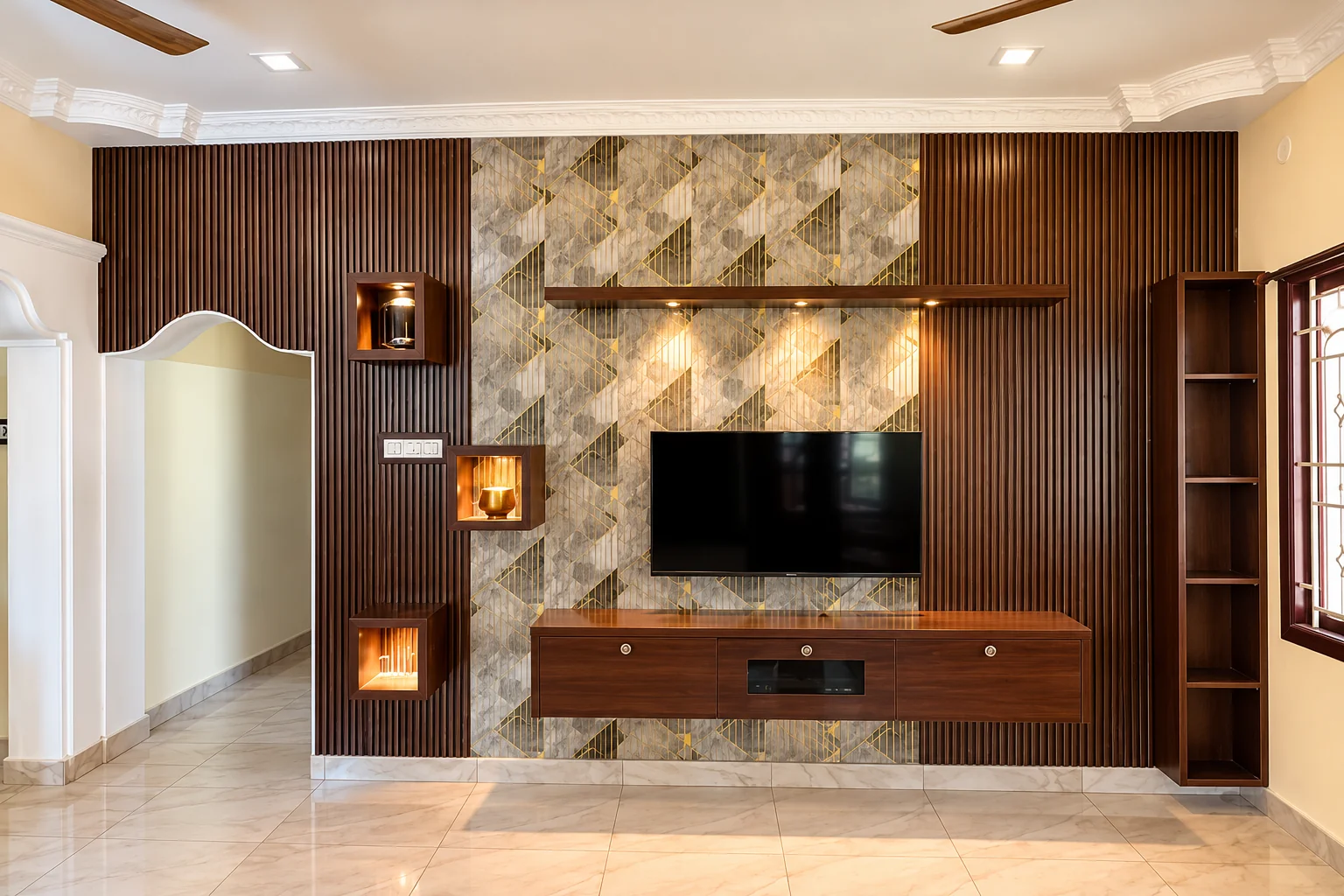 Geometric panelled living room TV wall