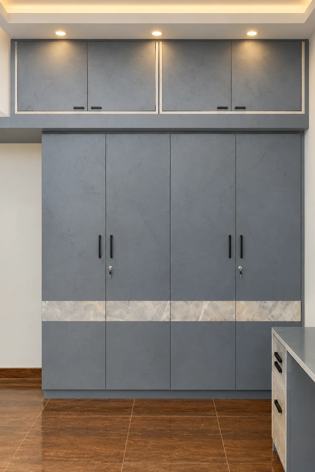 Contemporary gray sliding wardrobe with lofts