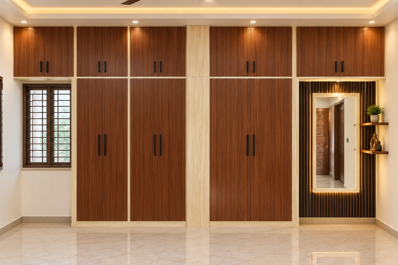 Walnut bedroom wardrobe with vanity mirror