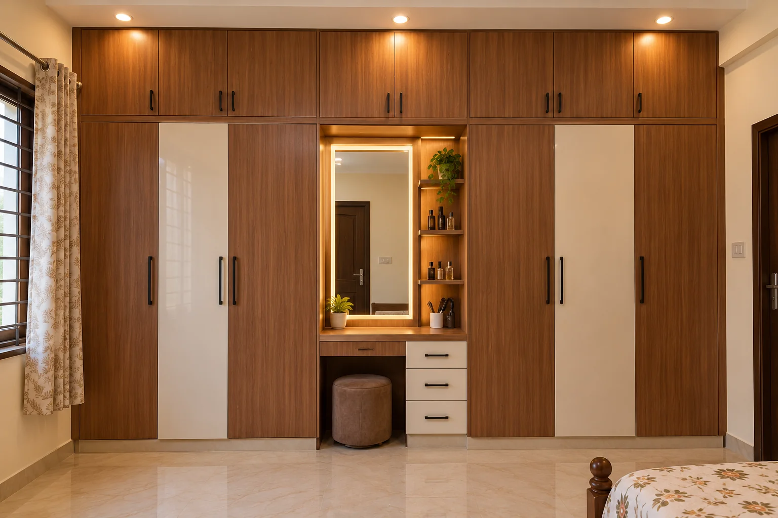 Warm wooden wardrobe and vanity unit